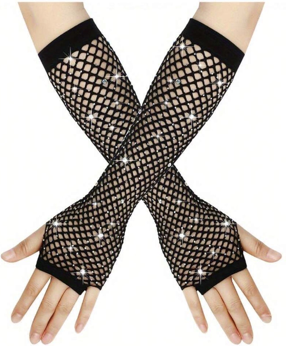 Vingerloze Lange Visnet Handschoenen ZWART strass dames | One Size | Carnaval outfit | Nethandschoenen | Visgraat | Fishnet | Carnavalskleding | Kamping Kitch | Foute Party accessoire | Verkleden